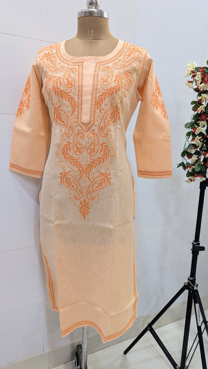 Pure Cotton Linen Lucknowi Chikankari Long Kurti | 100% Hand Embroidered | Non-Transparent | No Shrinkage