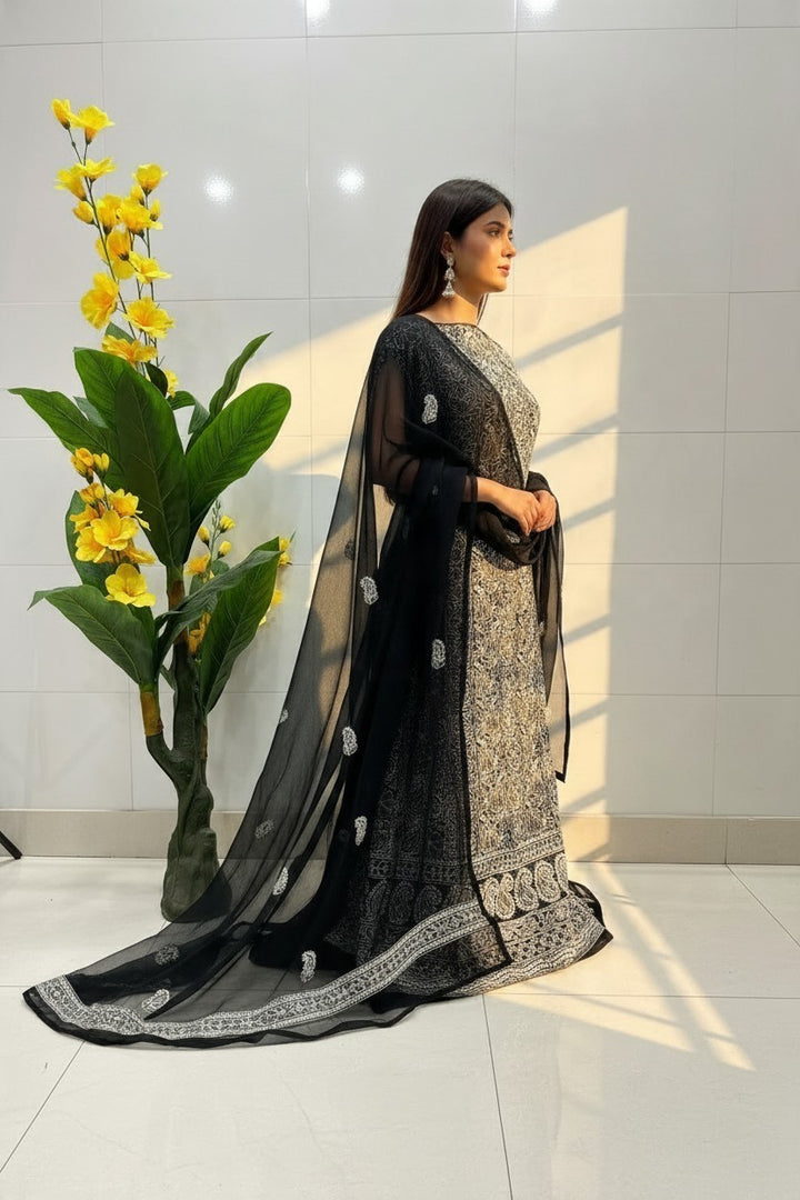Unstitched Georgette Chikankari Dress Material | Hand Embroidered Kurta, Bottom & Dupatta