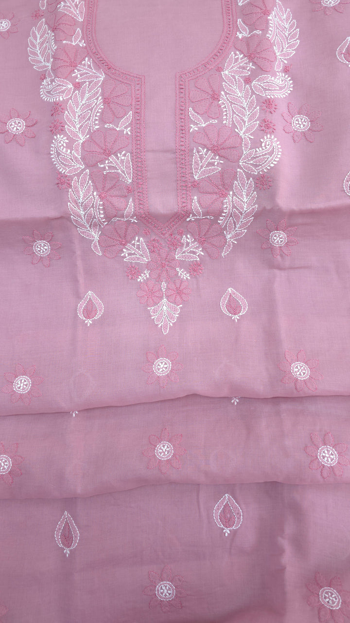 Paridhan Chikan Premium Cool Cotton Chikankari Dress Material Set with Hand Embroidered Kurta, Bottom & Chiffon Dupatta with Handmade Crochet Border