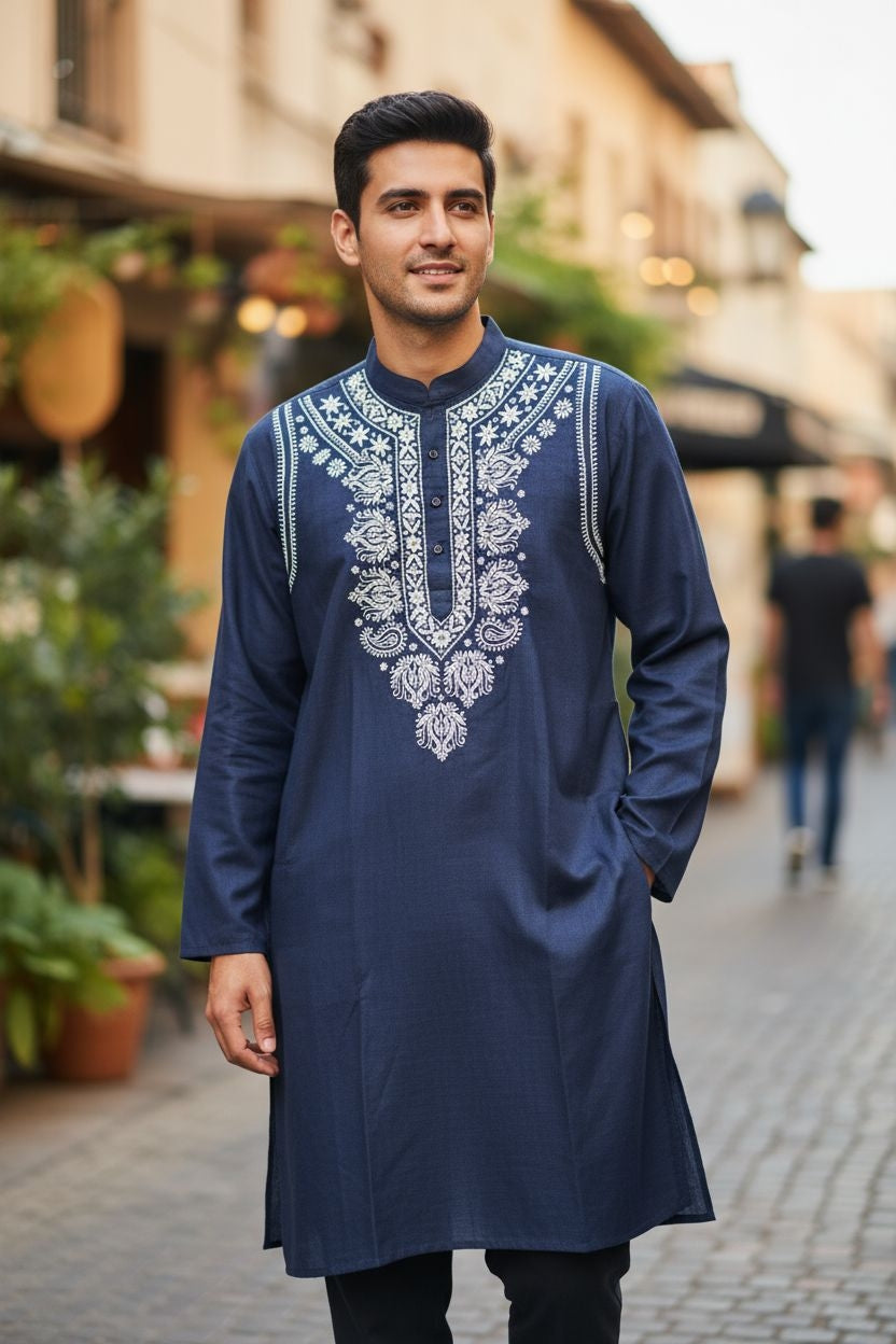 Gents Denim Lucknowi Chikankari Hand Embroidered Kurta – Soft, Stylish & Comfortable