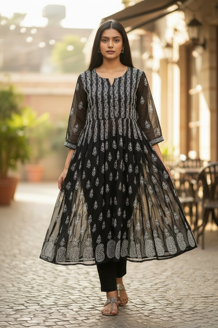 Georgette Lucknowi Chikankari 50" Long Anarkali Kurti | 100% Hand Embroidered| No Shrinkage