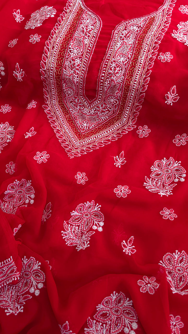 Alina Heavy Embellished Georgette Chikankari Unstitched Dress Material | Cutdana Handwork