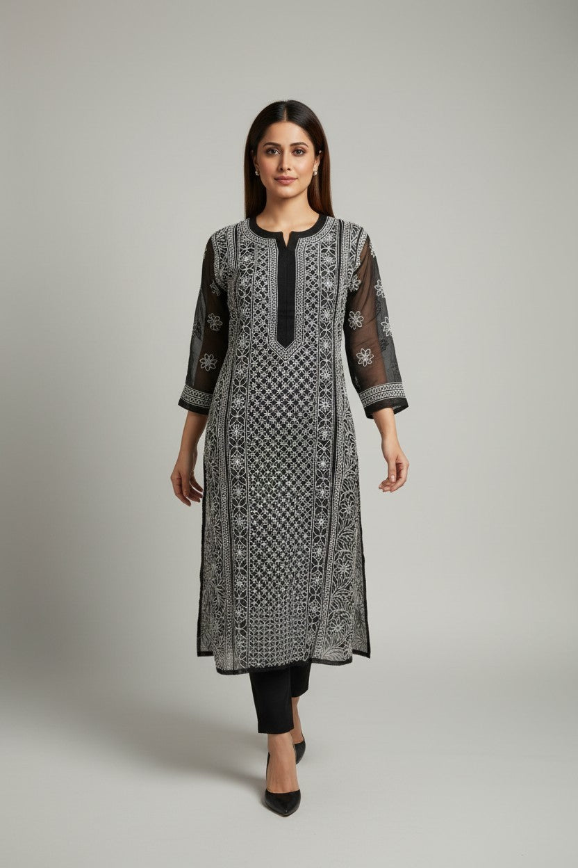 Mahi Women's Chikankari Georgette Full Embroidered Kurta | Hand Embroidered Lucknowi Ethnic Wear