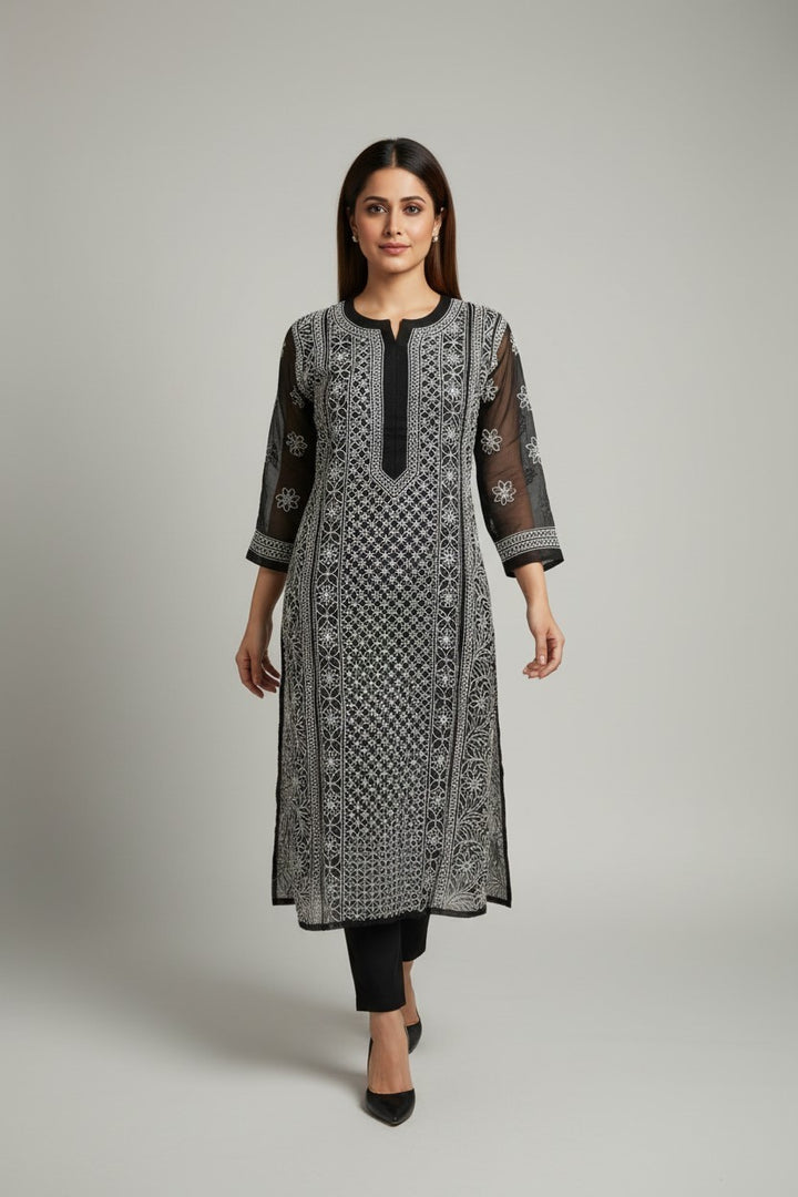Mahi Women's Chikankari Georgette Full Embroidered Kurta | Hand Embroidered Lucknowi Ethnic Wear
