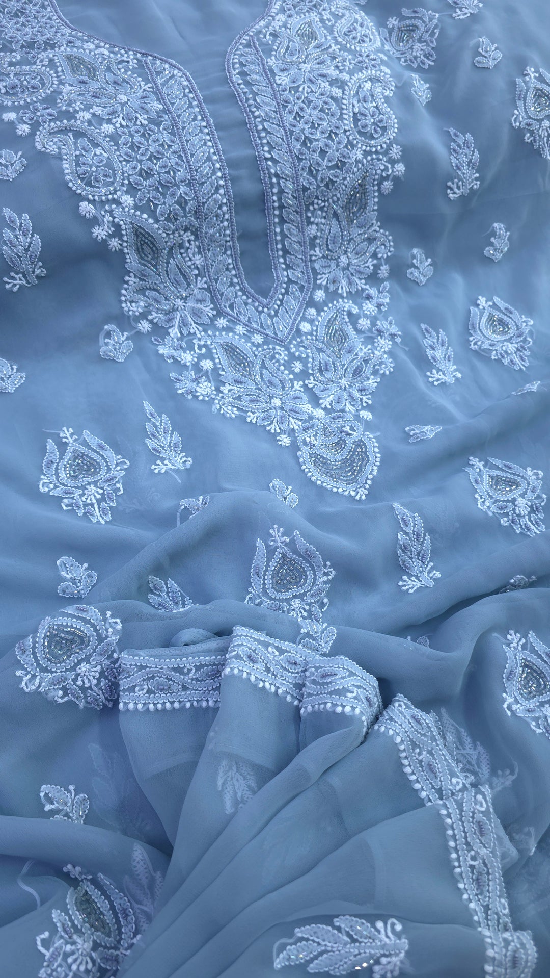 Alina Heavy Embellished Georgette Chikankari Unstitched Dress Material | Cutdana Handwork