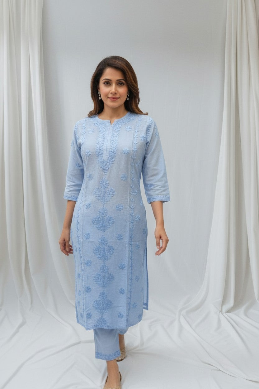 Heena Chanderi Chikankari Kurti – 100% Hand Embroidered, Non-Transparent