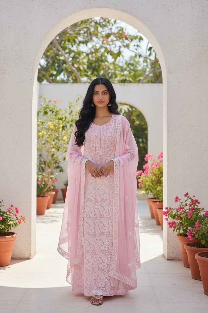 Unstitched Georgette Chikankari Dress Material | Hand Embroidered Kurta, Bottom & Dupatta