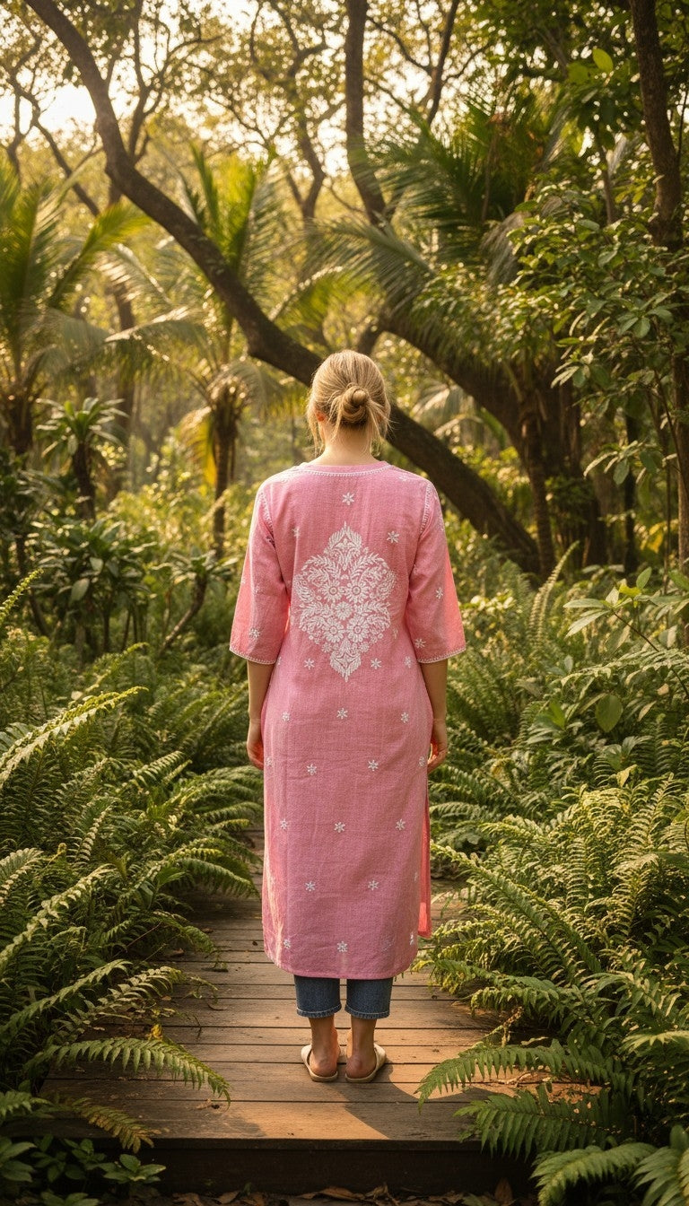 Hand Embroidery Chikankari Linen Kurti - Pink