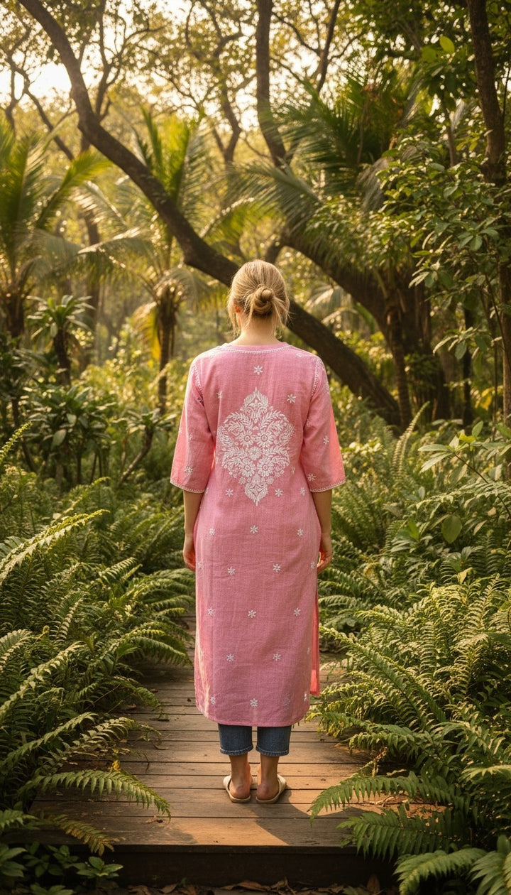 Hand Embroidery Chikankari Linen Kurti - Pink