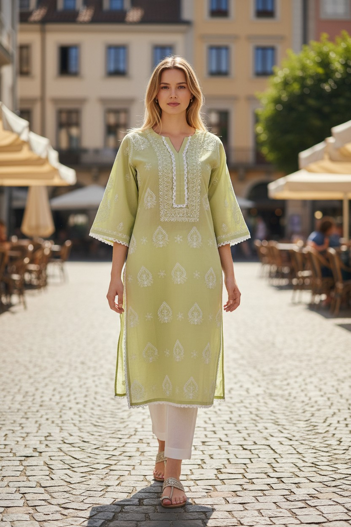 Lace Cotton Chikankari Hand Embroidered Kurti for Women | Premium Soft  | 44 Inch Length | Lucknowi Chikan Kurta