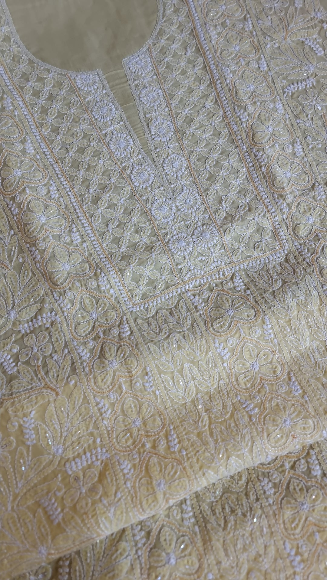 Unstitched Cotton Hand Embroidered Chikankari Dress Material with Cutdana, Resham & Badla Work | Pure Chiffon Dupatta | Lucknowi Artistry