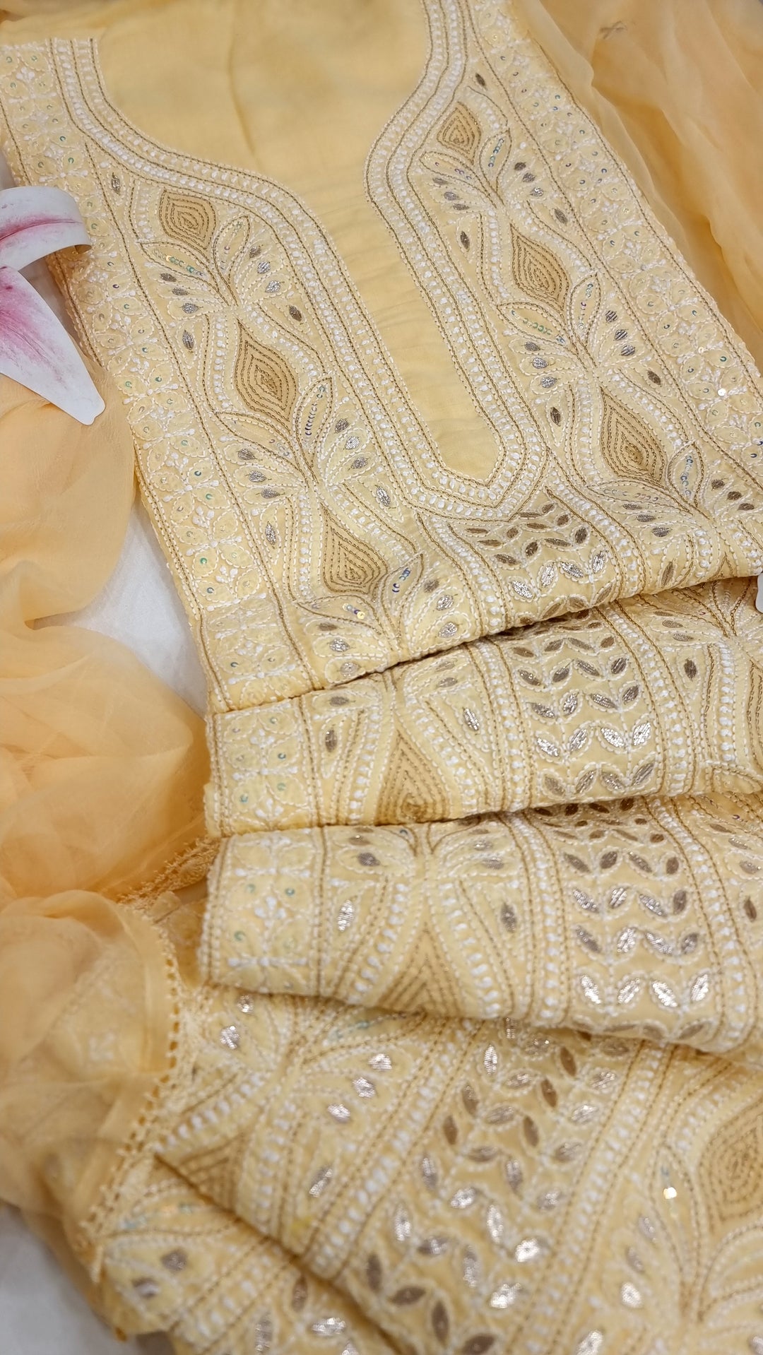 Yellow Unstitched Soft Cotton Chikankari Suit Set – Aari, Kasab & Gotta Patti Embellished with Pure Chiffon Dupatta