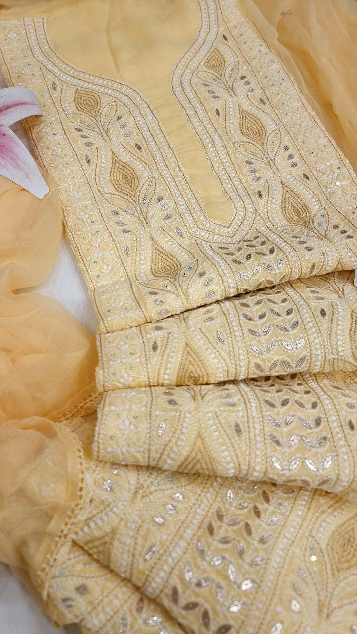 Yellow Unstitched Soft Cotton Chikankari Suit Set – Aari, Kasab & Gotta Patti Embellished with Pure Chiffon Dupatta