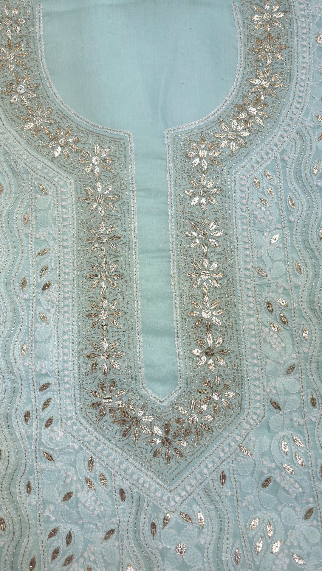 Sea Green Unstitched Soft Cotton Chikankari Suit Set – Aari, Kasab & Patti Embellished Gotta with Pure Chiffon Dupatta
