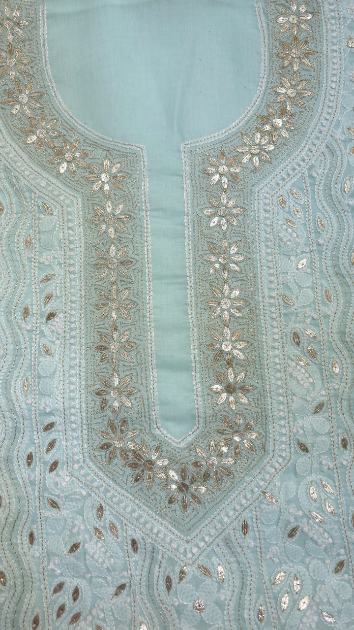Sea Green Unstitched Soft Cotton Chikankari Suit Set – Aari, Kasab & Patti Embellished Gotta with Pure Chiffon Dupatta