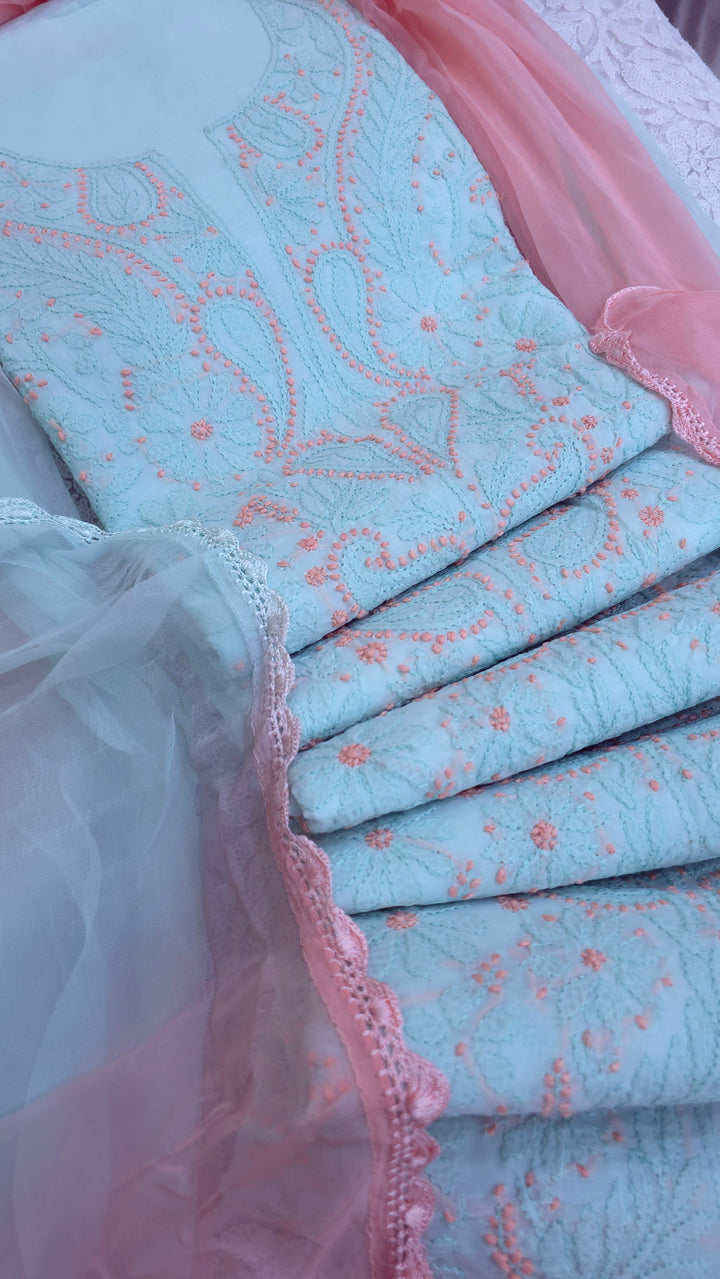 Lucknow Chikankari Hand Embroidered Cotton Dress Material with Tri-Color Motifs & Pure Chiffon Dupatta