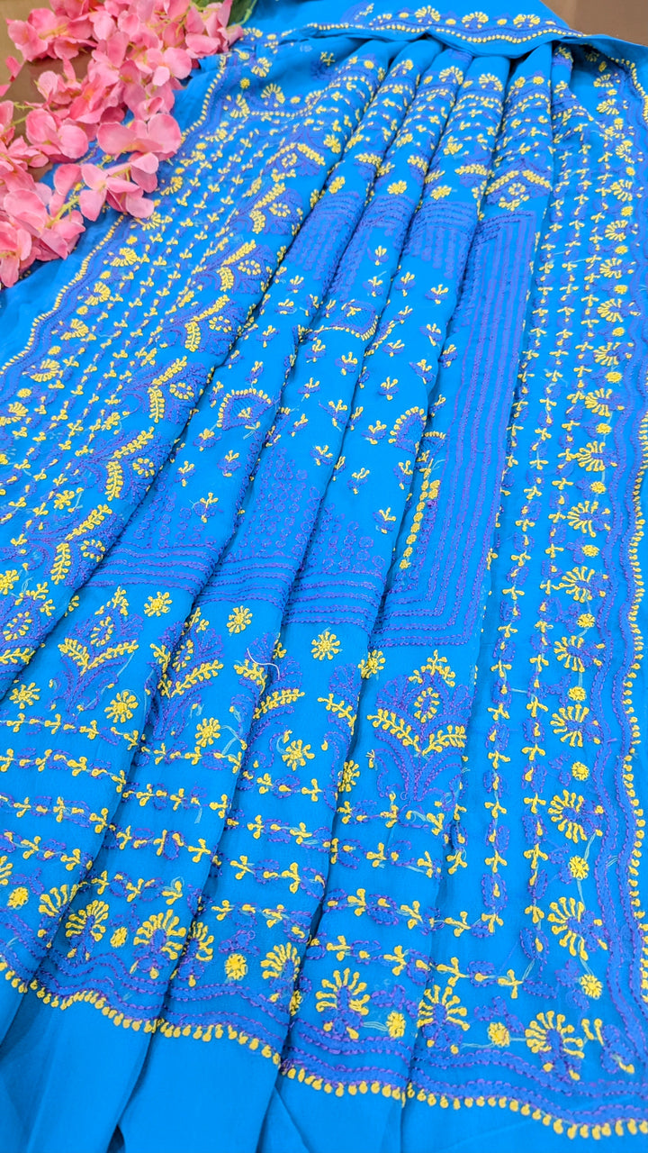 Faux Georgette Hand Chikankari Saree with Exclusive Border & Palla Design | Embroidered Blouse Included | Authentic Lucknow Handicraft by Paridhan Chikan