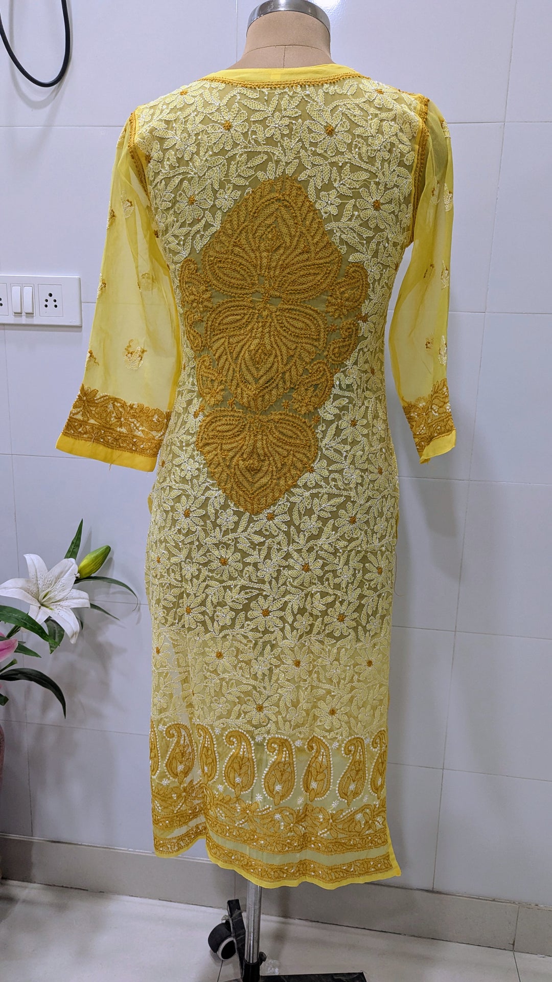 Georgette Lucknowi Chikankari 46" Long- front n back full embroidered Kurti | 100% Hand Embroidered| No Shrinkage