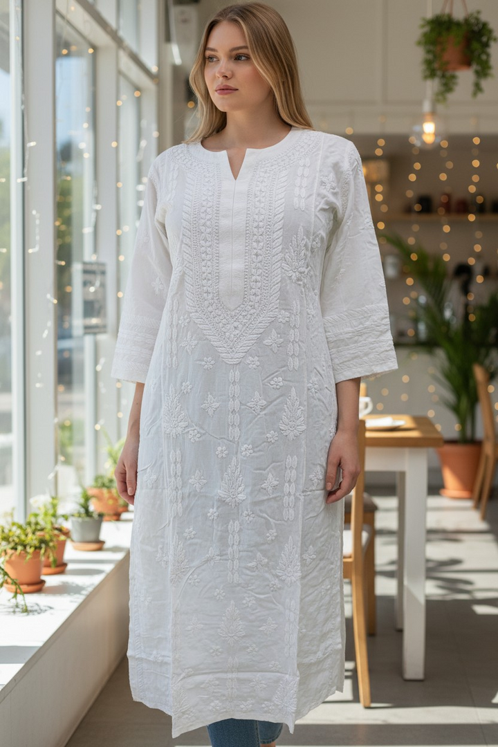 Modal Chikankari Hand Embroidered Kurti for Women | Premium Soft & Non-Transparent Fabric | 46 Inch Length | Lucknowi Chikan Kurta