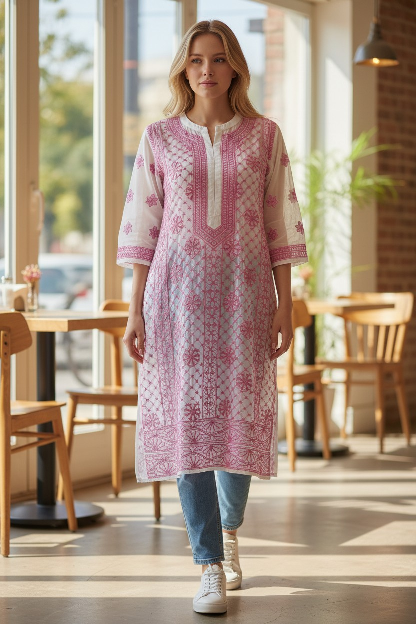 Georgette chikankari long kurti