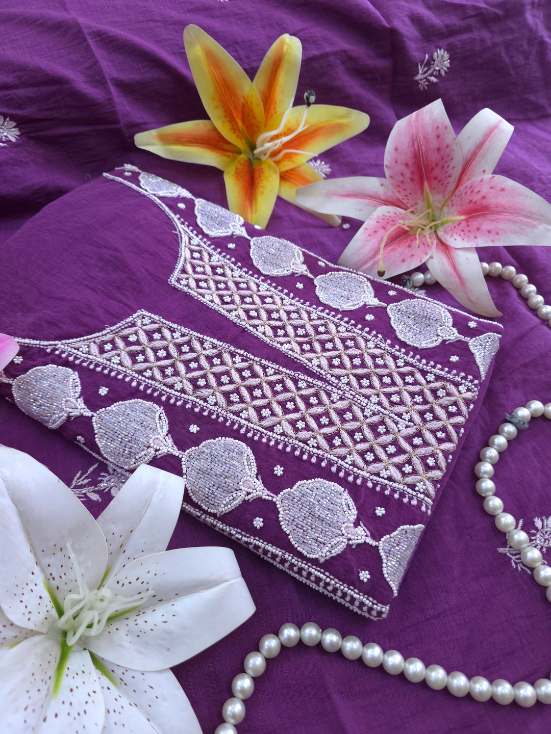 Premium Mul Chanderi Pearl, Cutdana & Kasab Hand Embroidered Unstitched Suit Set