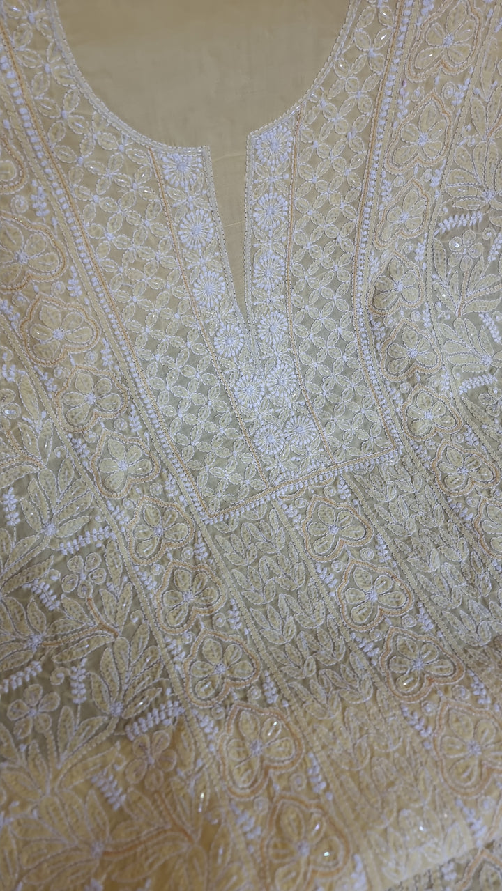 Unstitched Cotton Hand Embroidered Chikankari Dress Material with Cutdana, Resham & Badla Work | Pure Chiffon Dupatta | Lucknowi Artistry
