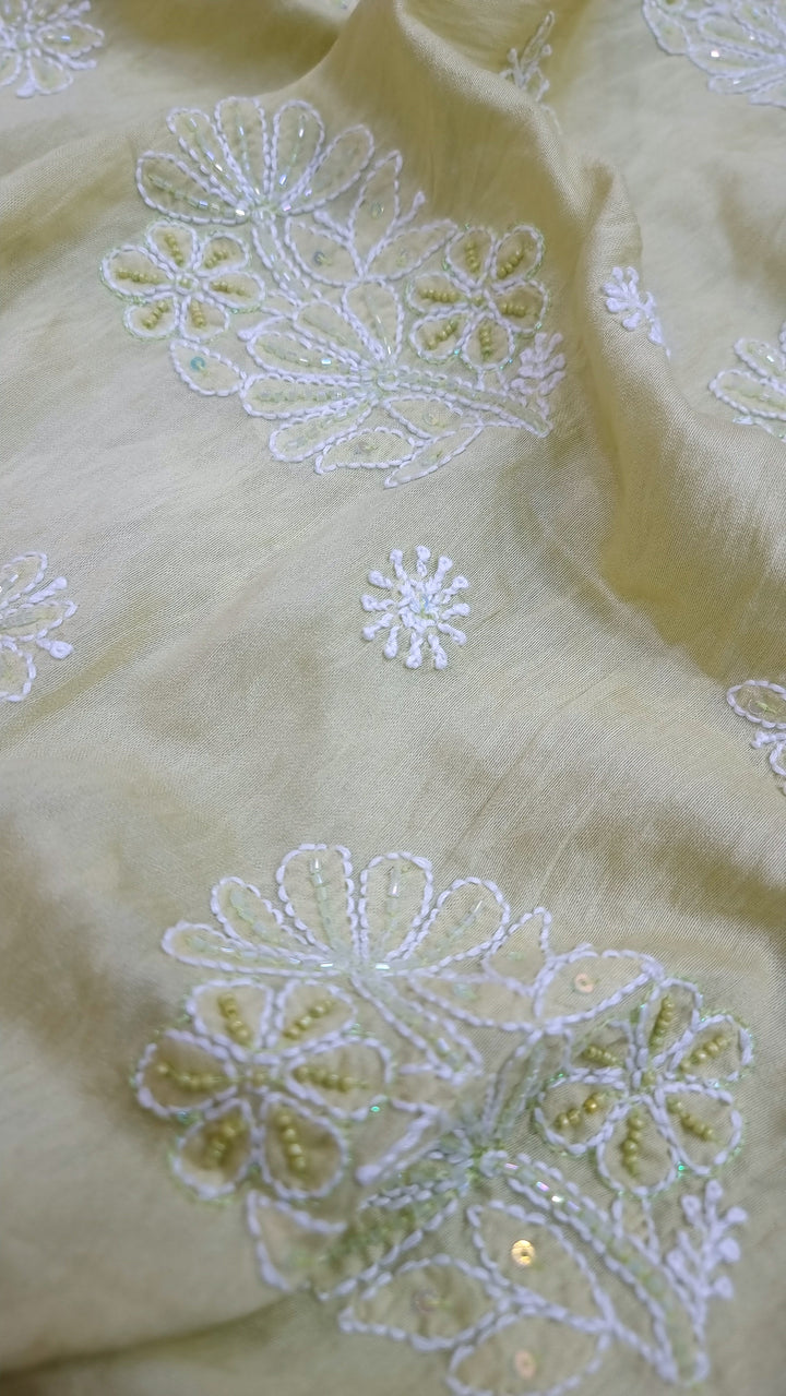 Lucknowi Chikankari Chanderi Fabric – Hand-Embroidered Kurta & Dupatta with Pearl, Resham & Badla Work