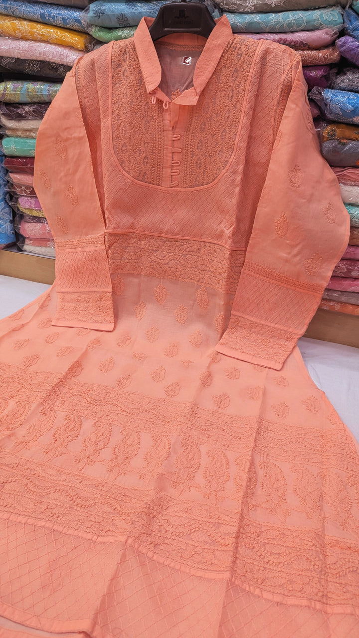 Cotton Lucknowi Chikankari 46" Long A-line Kurti | 100% Hand Embroidered| No Shrinkage