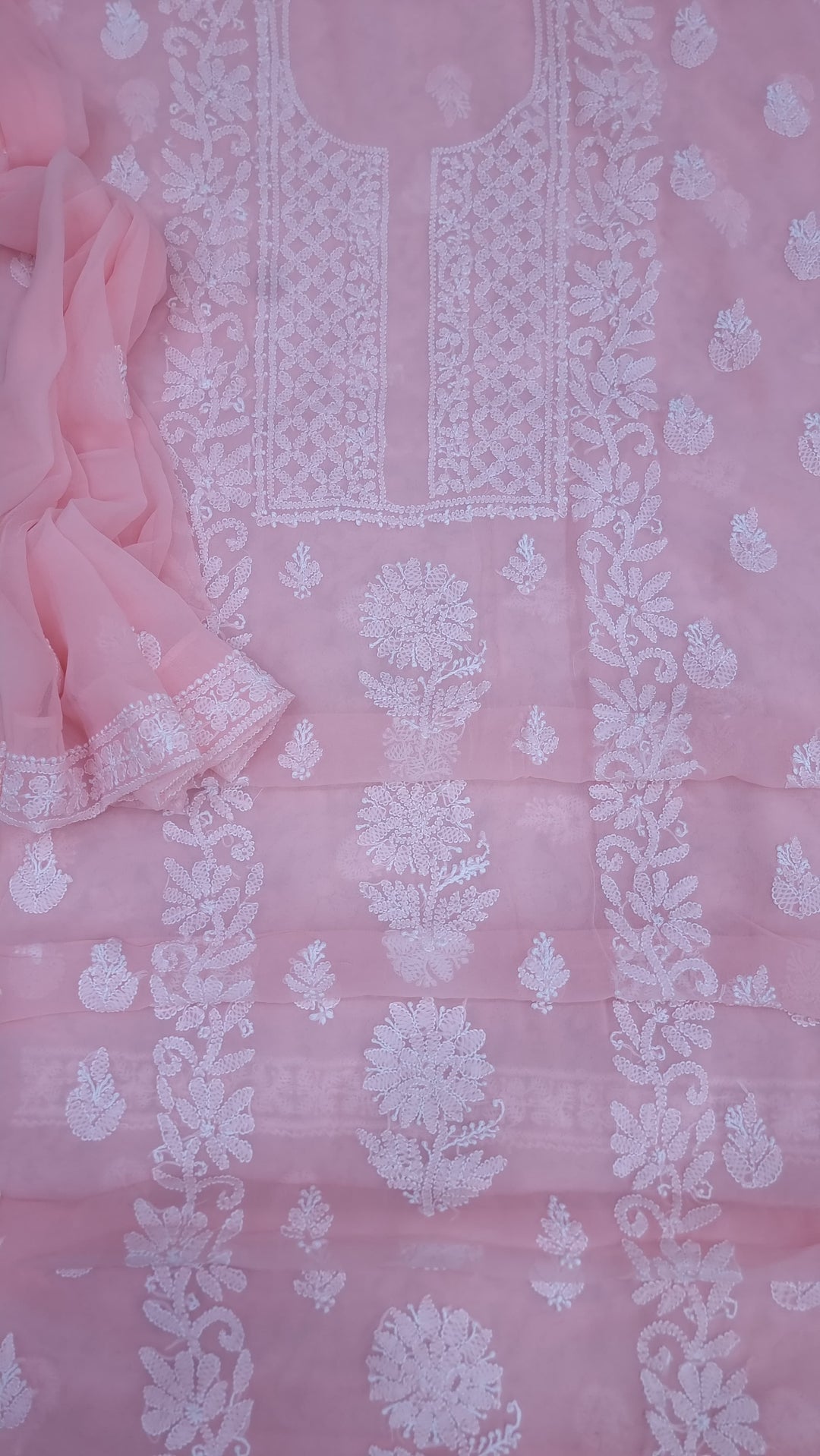 Lucknowi Georgette Chikankari Dress Material – Hand Embroidery Kurta, Bottom & Dupatta | Festive Queen Shades