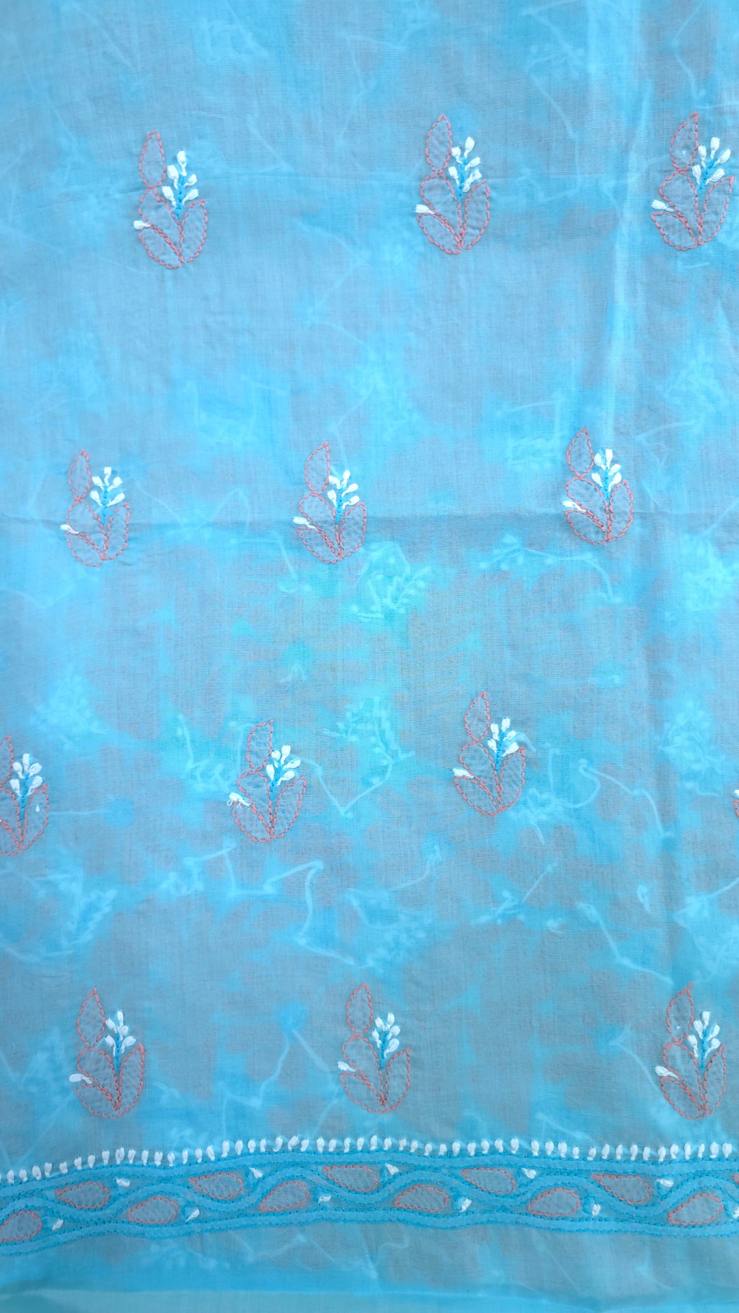 Lucknow Chikankari Hand Embroidered Cotton Dress Material with Tri-Color Motifs & Pure Chiffon Dupatta