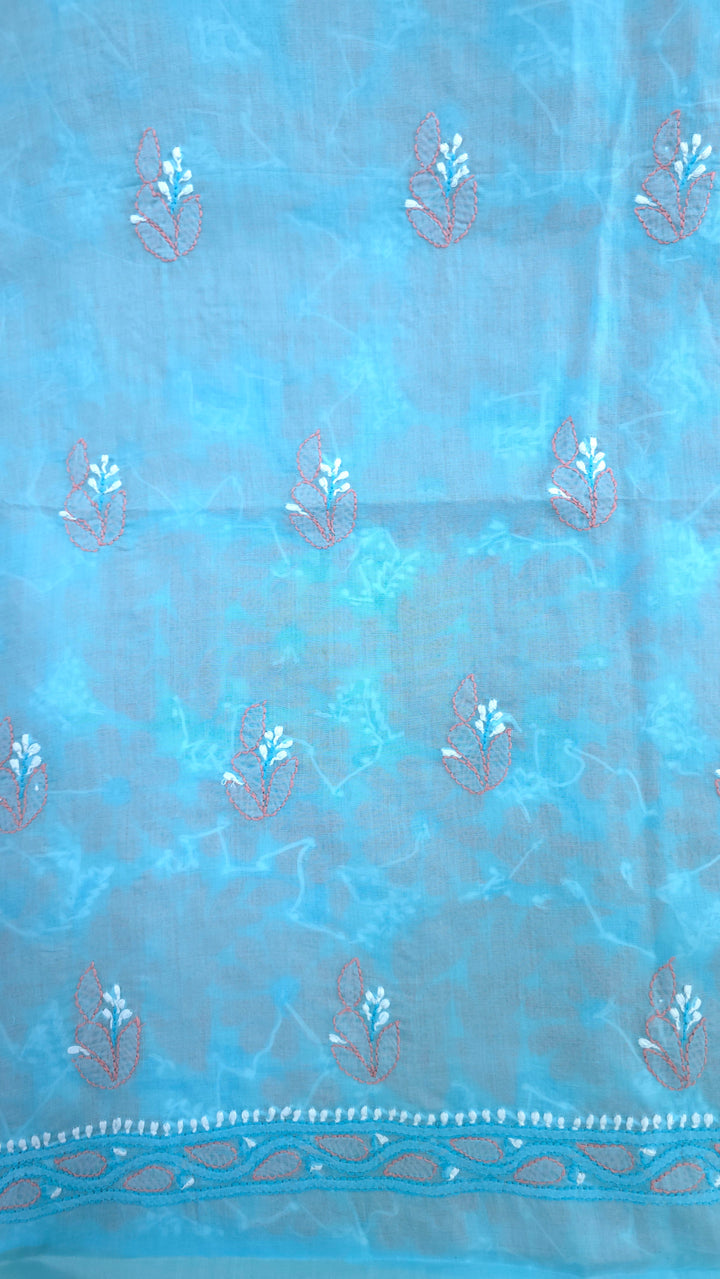 Lucknow Chikankari Hand Embroidered Cotton Dress Material with Tri-Color Motifs & Pure Chiffon Dupatta