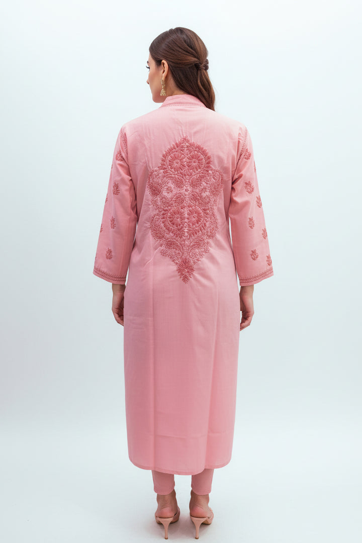 Soft Cotton Polo Fabric Lucknowi Chikankari Long Kurti | 100% Hand Embroidered | Non-Transparent | No Shrinkage