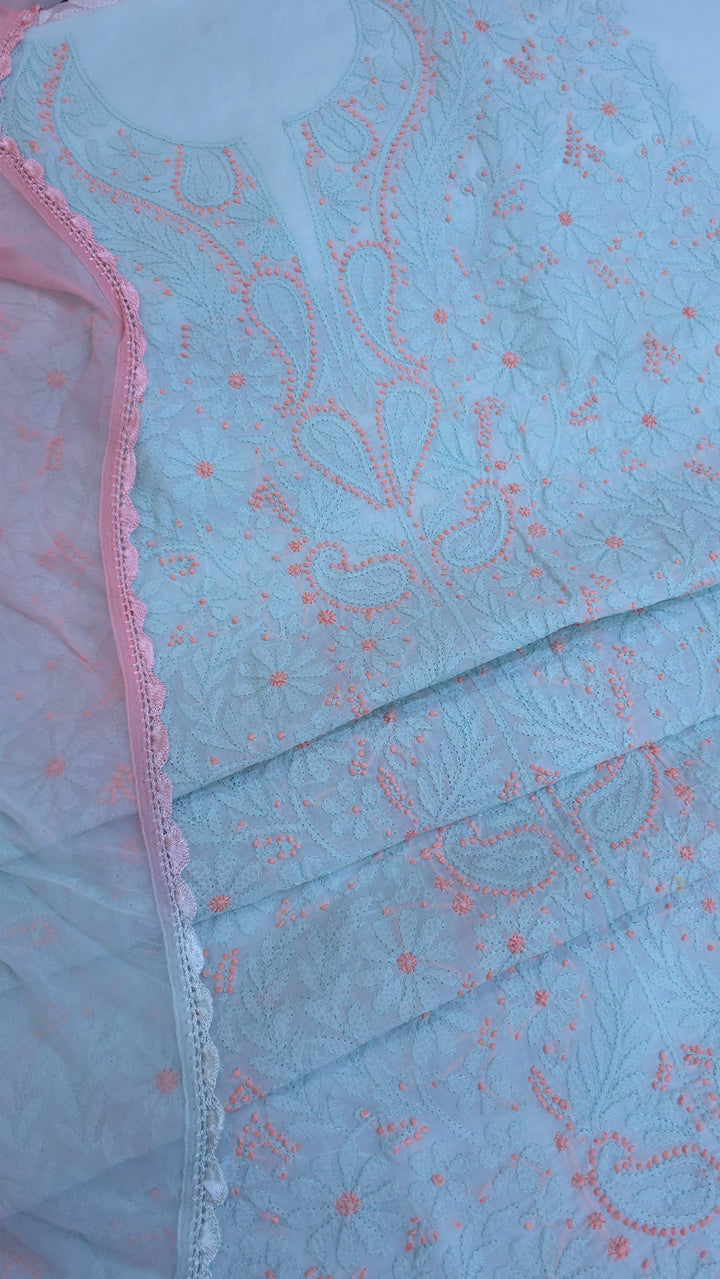 Lucknow Chikankari Hand Embroidered Cotton Dress Material with Tri-Color Motifs & Pure Chiffon Dupatta
