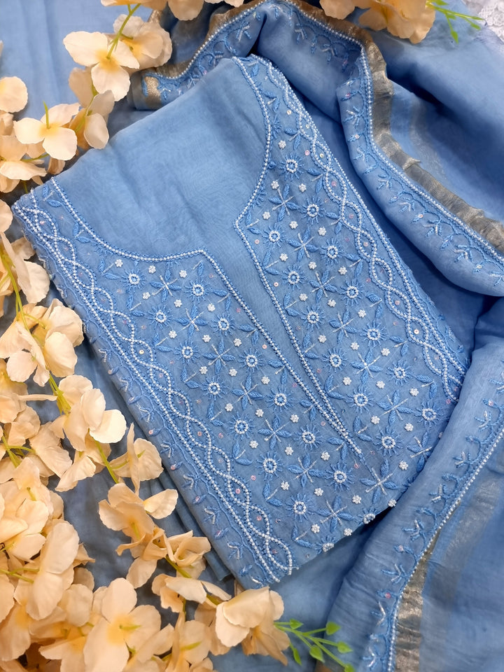 Premium Mul Chanderi Supersoft Dyeable Chikankari Dress Material | Hand Embroidered with Pearls & Cutdaana | Kurta & Dupatta Set