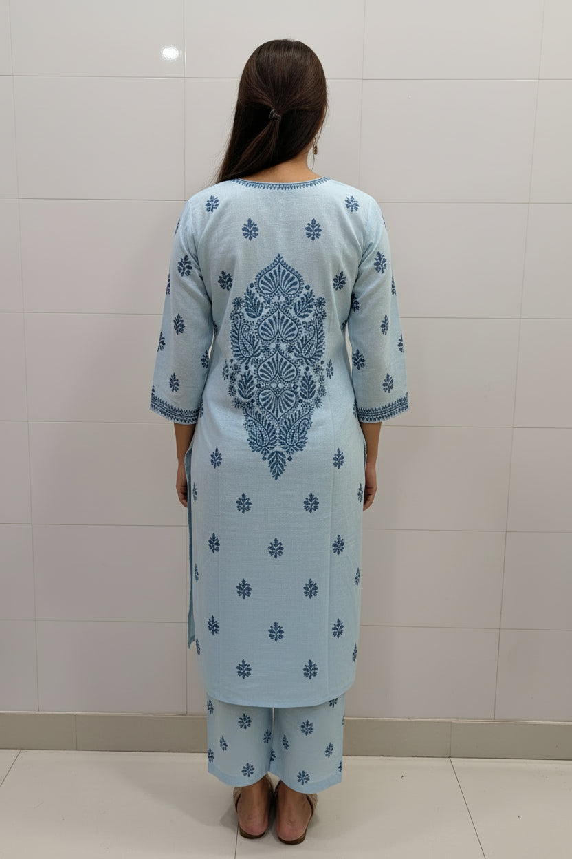 Pure Cotton Linen Lucknowi Chikankari Long Kurti | 100% Hand Embroidered | Non-Transparent | No Shrinkage