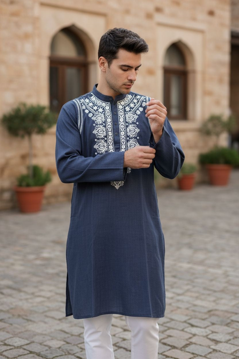 Gents Denim Lucknowi Chikankari Hand Embroidered Kurta – Soft, Stylish & Comfortable