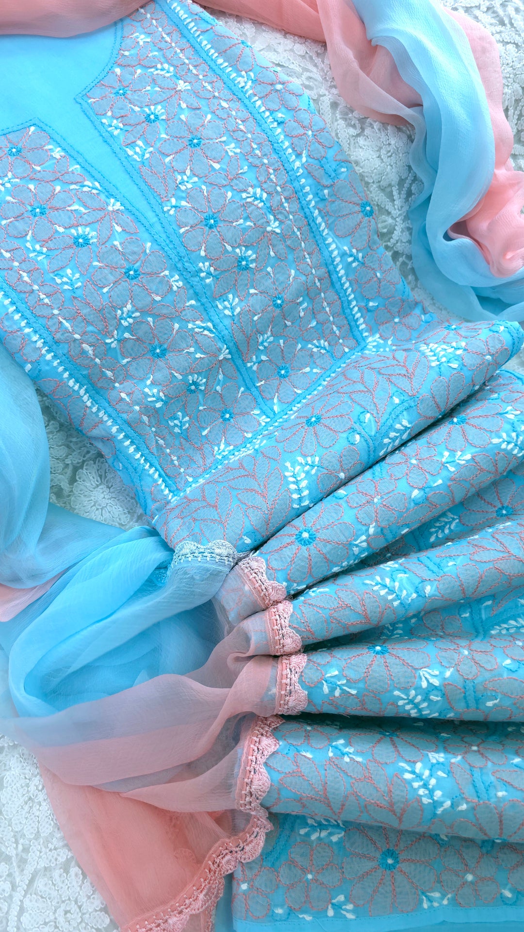 Lucknow Chikankari Hand Embroidered Cotton Dress Material with Tri-Color Motifs & Pure Chiffon Dupatta
