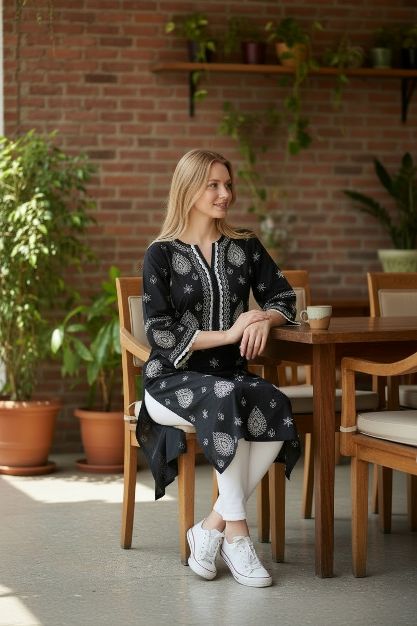 Cotton Chikankari Hand Embroidered Kurti for Women | Premium Soft  | 44 Inch Length | Lucknowi Chikan Kurta