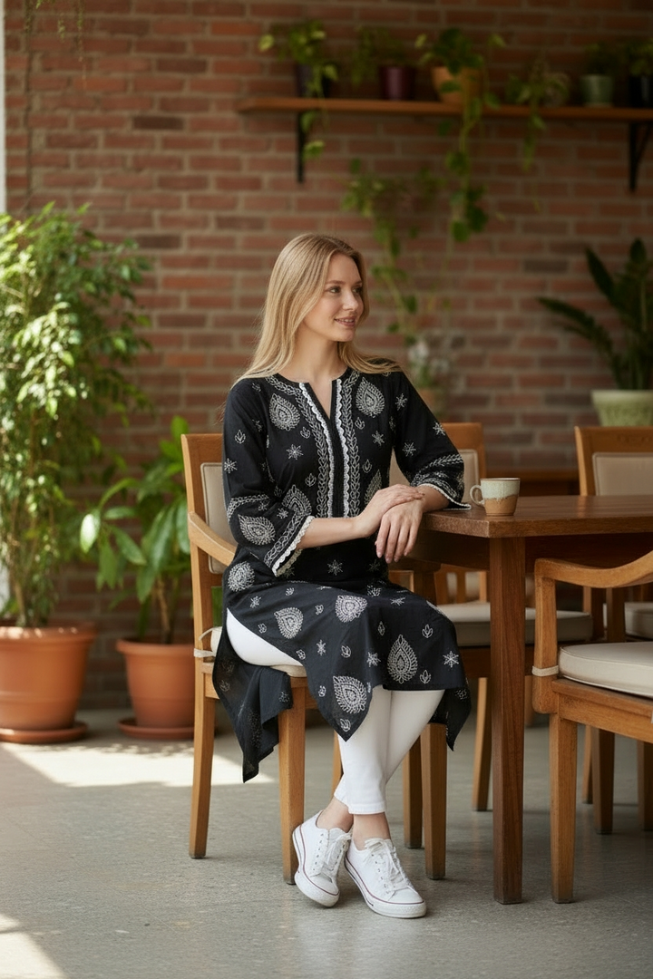 Cotton Chikankari Hand Embroidered Kurti for Women | Premium Soft  | 44 Inch Length | Lucknowi Chikan Kurta