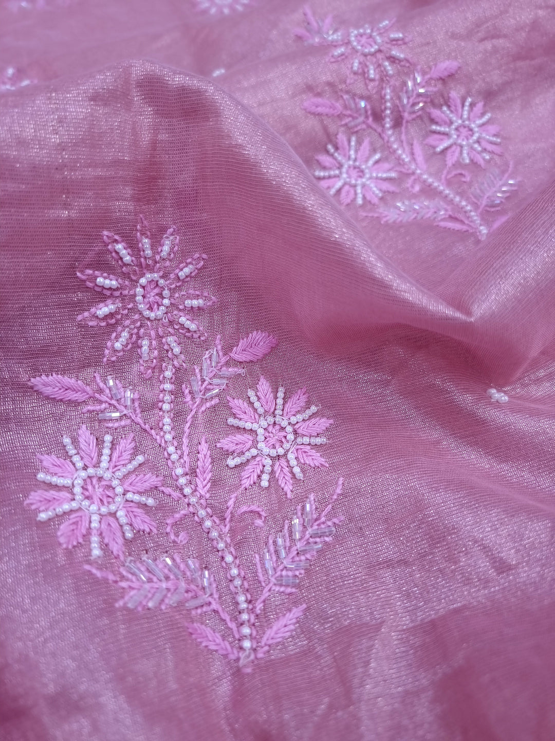 Soft Tissue Chikankari Unstitched Dress Material | 3 Taar Hand Embroidery with Pearl & Cutdana Work + Golden Border Dupatta