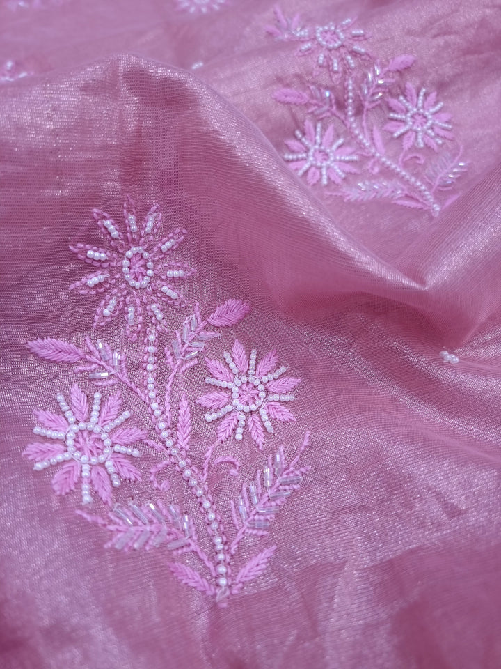 Soft Tissue Chikankari Unstitched Dress Material | 3 Taar Hand Embroidery with Pearl & Cutdana Work + Golden Border Dupatta