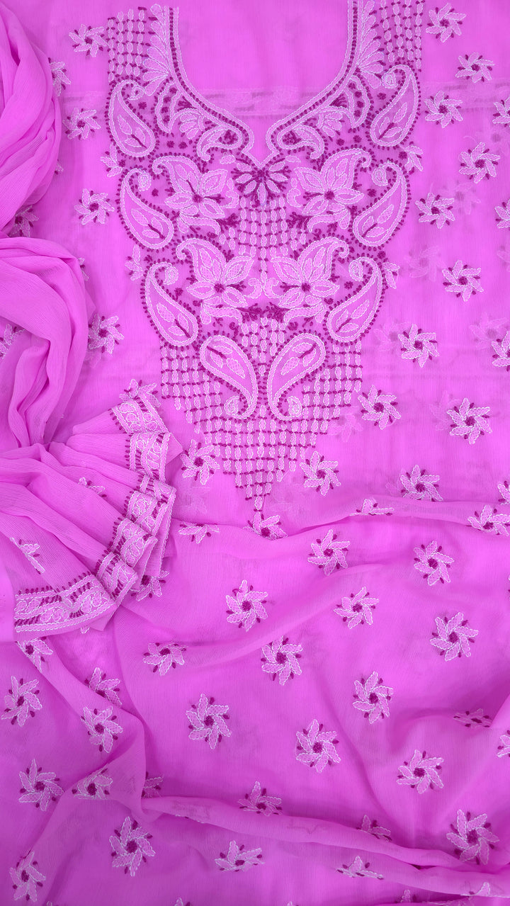 Lucknowi Georgette Chikankari Dress Material – Hand Embroidery Kurta, Bottom & Dupatta | Festive Queen Shades