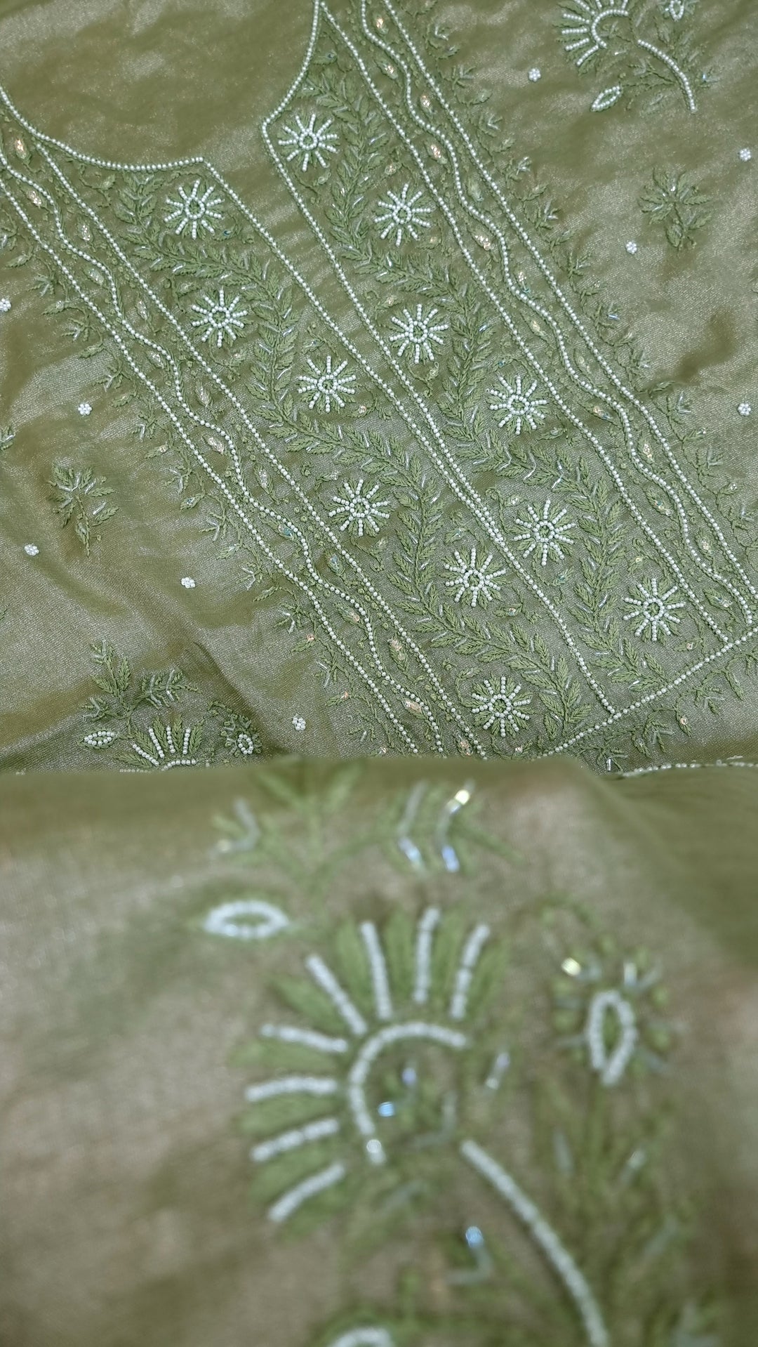 Soft Tissue Chikankari Unstitched Dress Material | 3 Taar Hand Embroidery with Pearl & Cutdana Work + Golden Border Dupatta