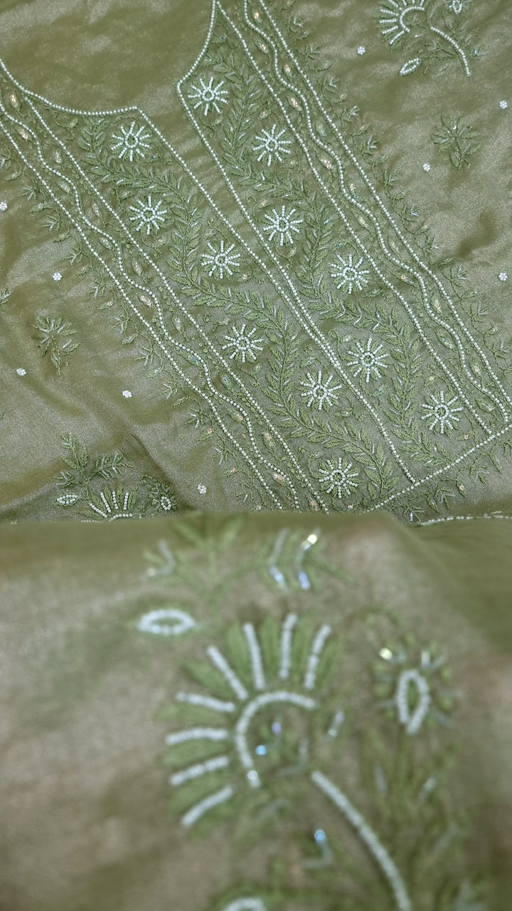 Soft Tissue Chikankari Unstitched Dress Material | 3 Taar Hand Embroidery with Pearl & Cutdana Work + Golden Border Dupatta