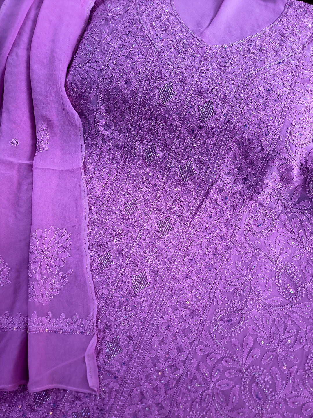 Pure Premium Luxury Georgette Hand-Embroidered Chikankari Dress Material with Dupatta & Crape Bottom – Paridhan Chikan