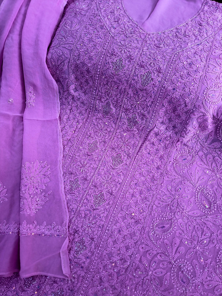 Pure Premium Luxury Georgette Hand-Embroidered Chikankari Dress Material with Dupatta & Crape Bottom – Paridhan Chikan