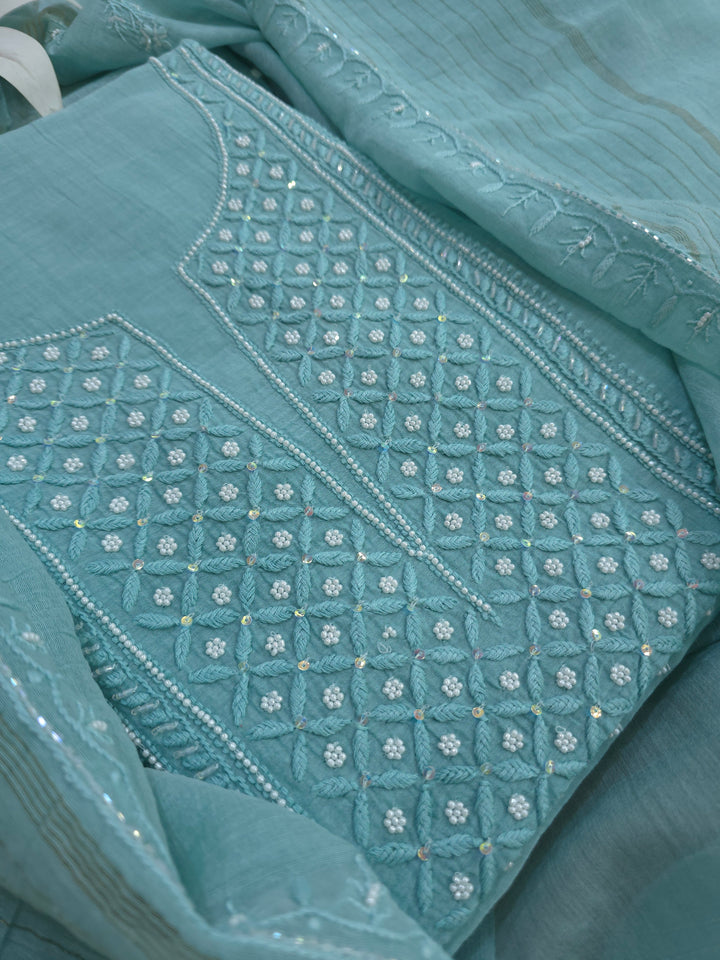 Hiba Premium Mul Chanderi Supersoft Dyeable Chikankari Dress Material | Hand Embroidered with Pearls & Cutdaana | Kurta & Dupatta Set