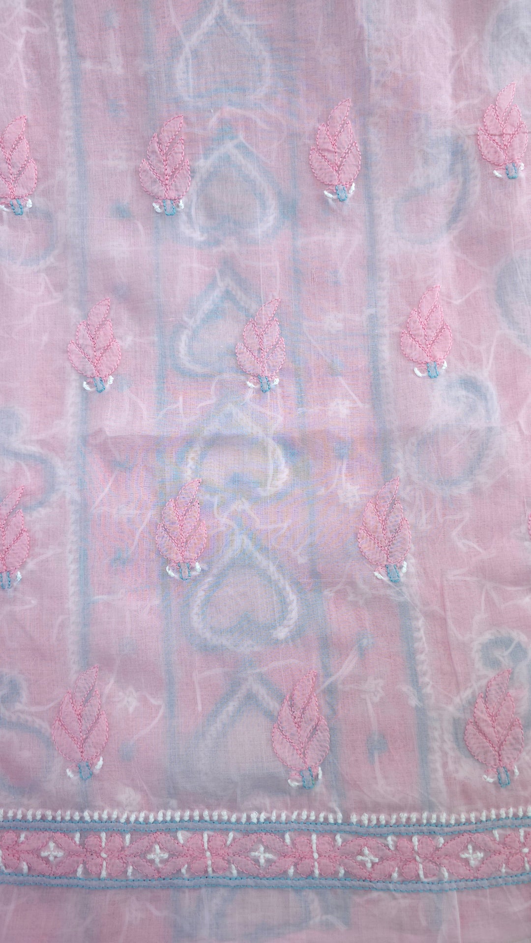 Lucknow Chikankari Hand Embroidered Cotton Dress Material with Tri-Color Motifs & Pure Chiffon Dupatta