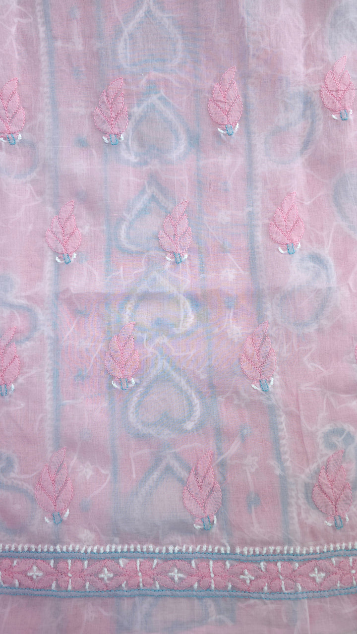 Lucknow Chikankari Hand Embroidered Cotton Dress Material with Tri-Color Motifs & Pure Chiffon Dupatta