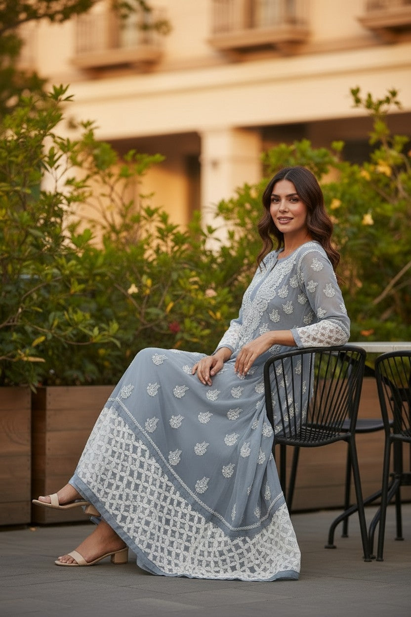 Georgette Lucknowi Chikankari 50" Long A line gown style Kurti | 100% Hand Embroidered| No Shrinkage